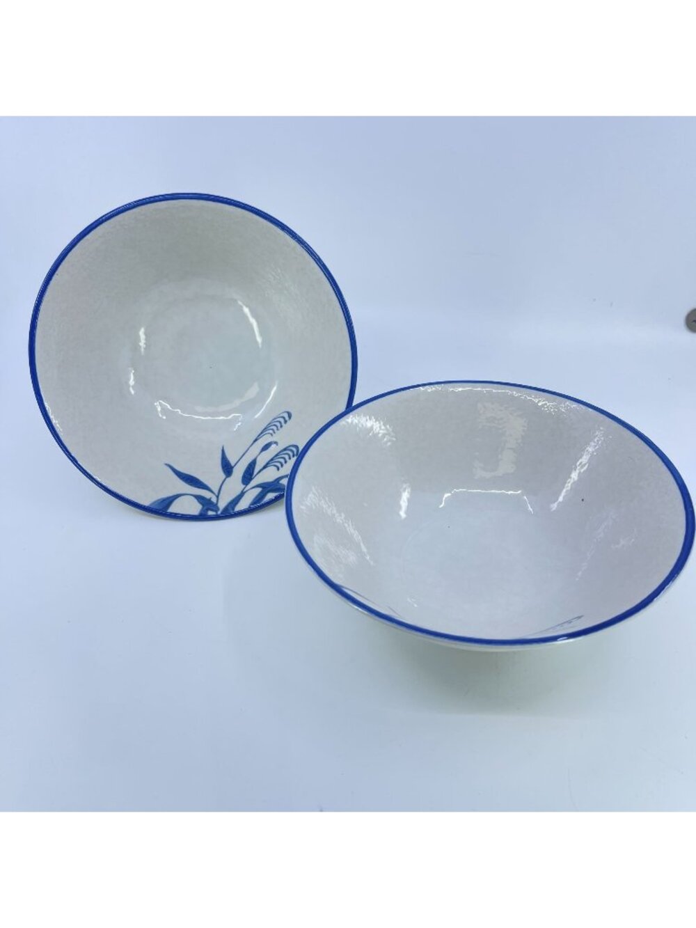 vintage asian ceramic bowls with blue floral design and ribbed base set of 2